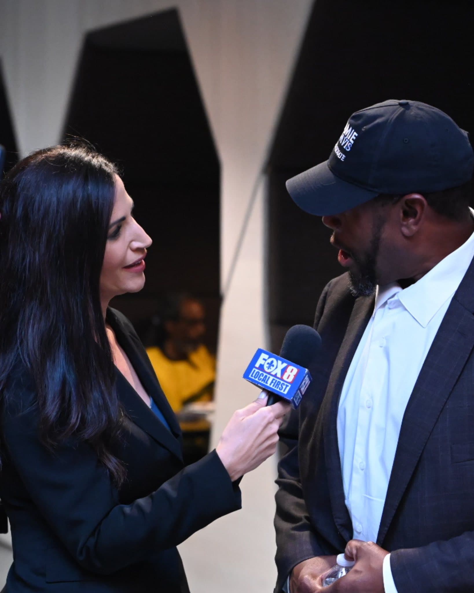 Jamie Davis being interviewed by Fox 8 on primary night