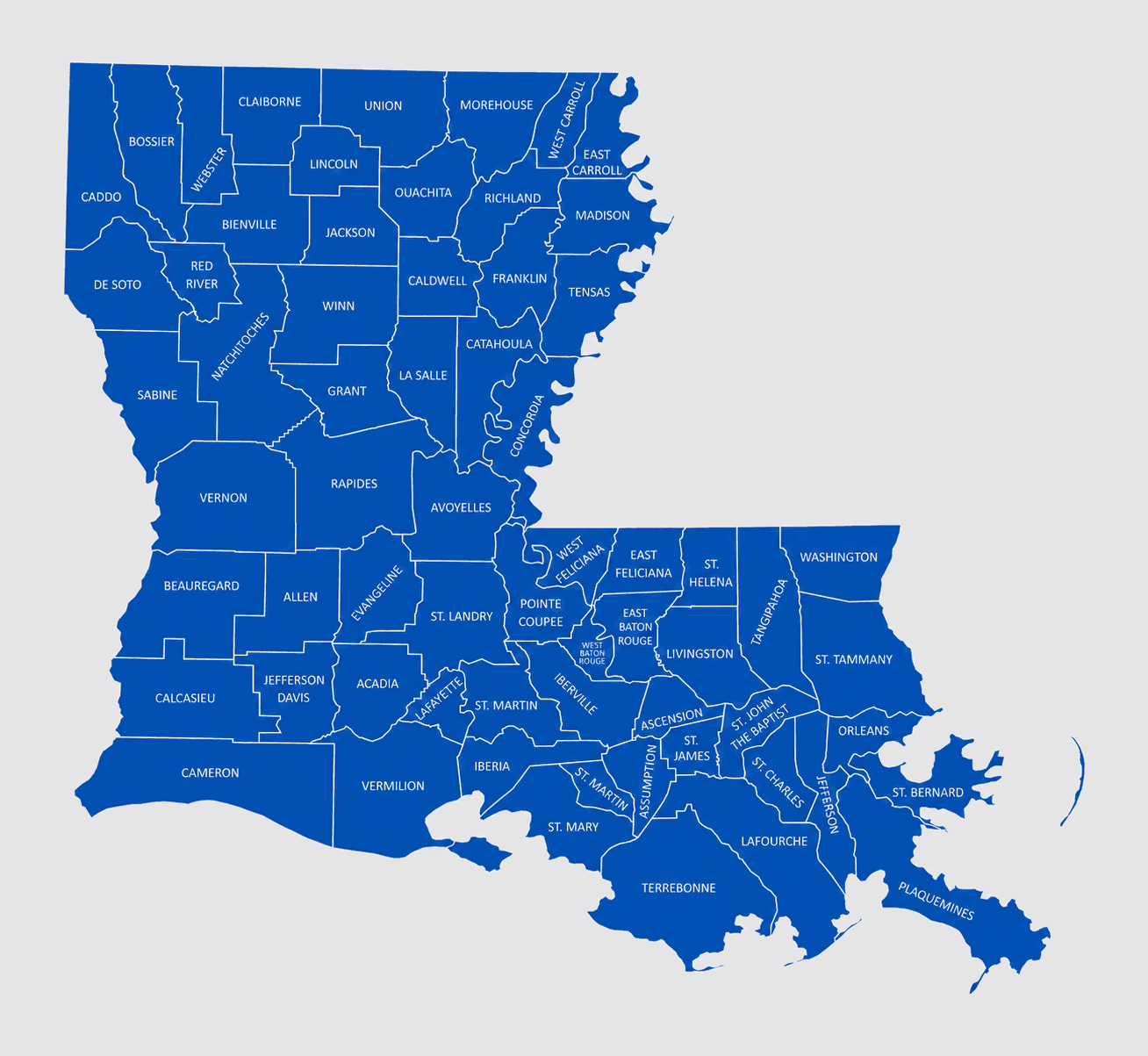 Map of Louisiana showing all 64 parishes — every one carried by Jamie Davis in the May 16, 2026 Democratic primary